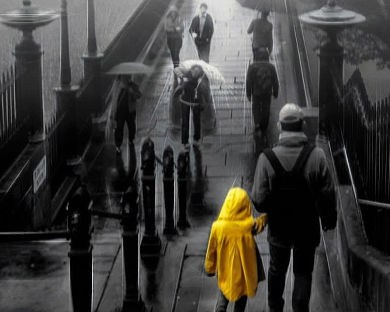 The same rainy street scene with an AI-assisted selective-color edit, highlighting a child in a yellow raincoat.