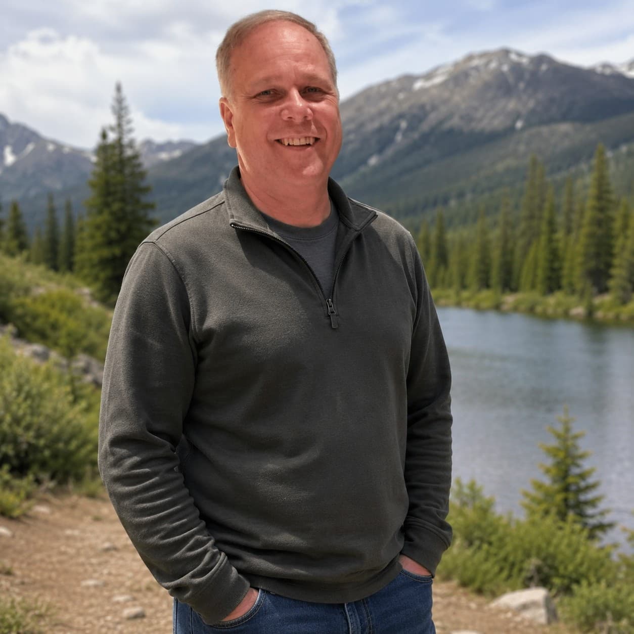 Ray McClelland smiling in front of a mountain lake.